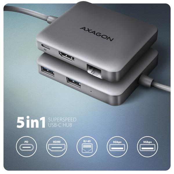 AXAGON HMC-5HL USB 5Gbps hub,  2x USB-A,  HDMI 4k/ 60Hz,  RJ-45 GLAN,  PD 100W,  kábel USB-C 20cm5
