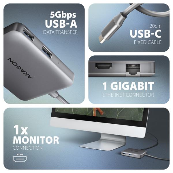 AXAGON HMC-5HL USB 5Gbps hub,  2x USB-A,  HDMI 4k/ 60Hz,  RJ-45 GLAN,  PD 100W,  kábel USB-C 20cm3