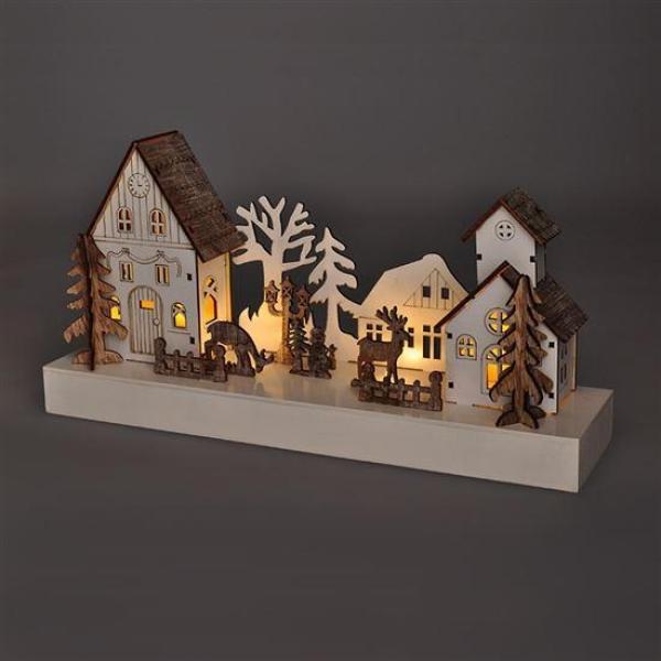 Solight LED vánoční vesnička,  34x17cm,  dřevo,  4 LED,  2x AA6