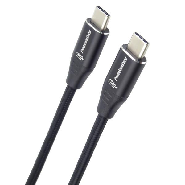 PREMIUMCORD Kabel USB-C M/ M,  240W 480Mbps černý bavlněný oplet,  1m