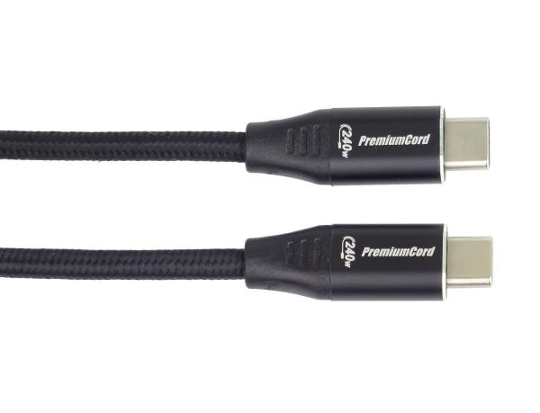 PREMIUMCORD Kabel USB-C M/ M,  240W 480Mbps černý bavlněný oplet,  1m1