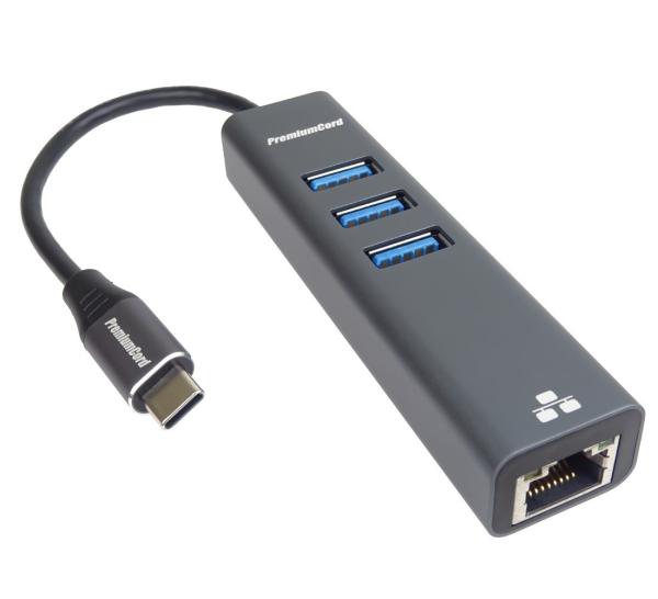 PREMIUMCORD Adaptér USB-C na Gigabit 10/ 100/ 1000Mbps + 3x USB3.0 konektor