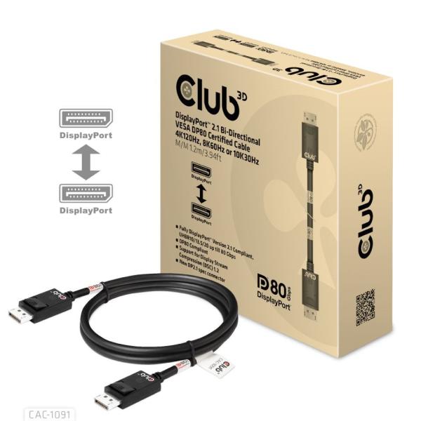 Club3D Kabel DisplayPort 2.1 na DisplayPort 2.1 4K120Hz/ 8K60Hz HDR (M/ M),  1.2m,  černá