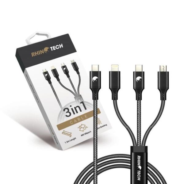 RhinoTech nabíjecí a datový kabel 3v1 USB-C (MicroUSB + Lightning + USB-C) 40W 1, 2m černá