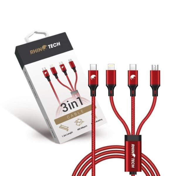 RhinoTech nabíjecí a datový kabel 3v1 USB-C (MicroUSB + Lightning + USB-C) 40W 1, 2m červená