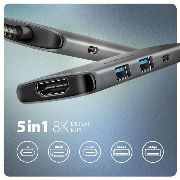 AXAGON HMC-5H8K,  USB 5Gbps hub,  2x USB-A,  USB-C,  HDMI 8k/ 30Hz,  PD 100W,  kábel USB-C 15cm1