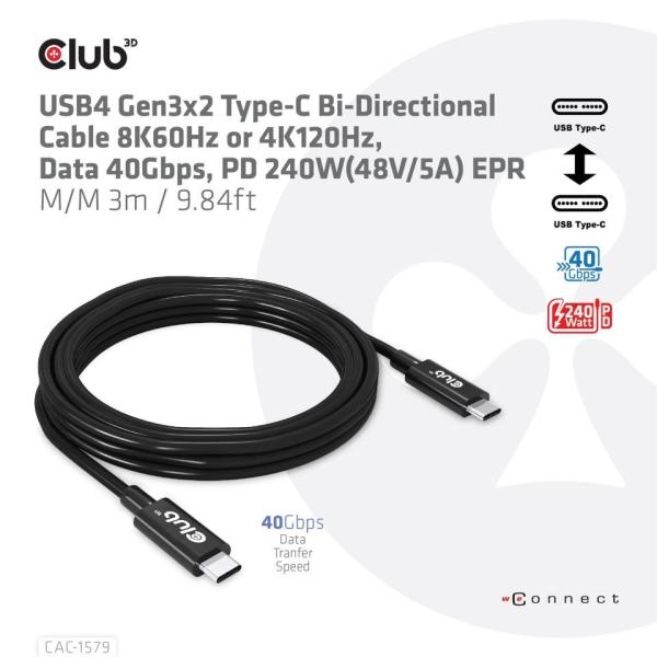 Club3D Kabel USB4 Gen3x2 Typ C 8K60Hz UHD Power Delivery 240W,  (M/ M),  300cm2