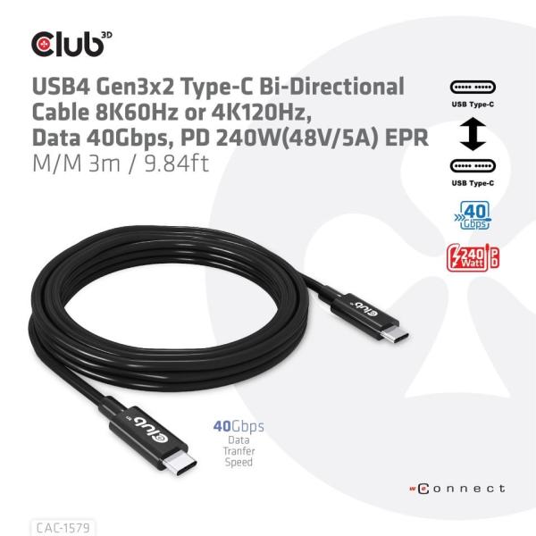 Club3D Kabel USB4 Gen3x2 Typ C 8K60Hz UHD,  40Gbps,  Power Delivery 240W,  (M/ M),  300cm1