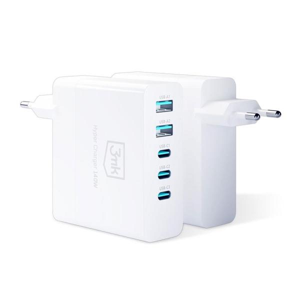 3mk síťová nabíječka - Hyper Charger 140W, GaN 3x USB-C (PD)  2x USB, bílá1