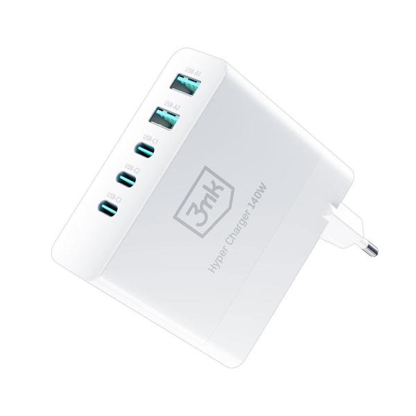 3mk síťová nabíječka - Hyper Charger 140W, GaN 3x USB-C (PD)  2x USB, bílá3