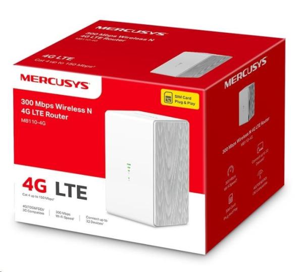 Mercusys MB110-4G WiFi4 router (N300,  4G LTE,  2, 4GHz,  1x100Mb/ s LAN/ WAN, 1x100Mb/ s LAN, 1xnanoSIM)3