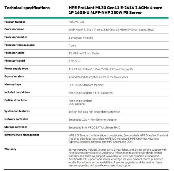 HPE PL ML30g11 E-2414 (2.8G/ 4C8T) 16G (P64336) 4LFF NHP VROC 350Wn NBD3115