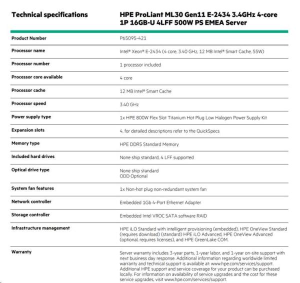 HPE PL ML30g11 E-2434 (3.4G/ 4C8T) 16G (P64336) 4LFF-HP VROC 800W NBD3115