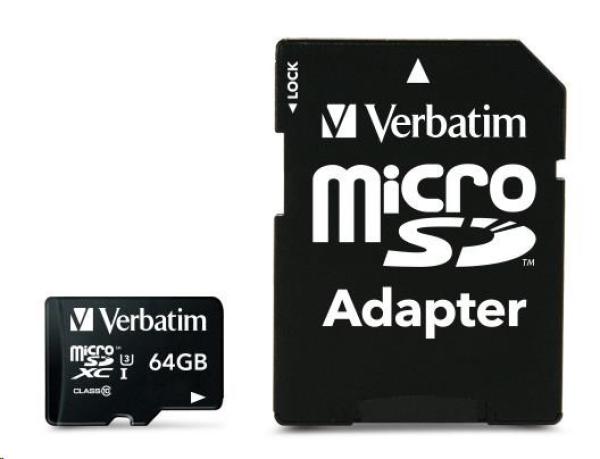 Karta VERBATIM MicroSDXC 64GB Pro,  U3 + adaptér1
