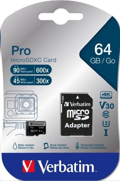 Karta VERBATIM MicroSDXC 64GB Pro,  U3 + adaptér2