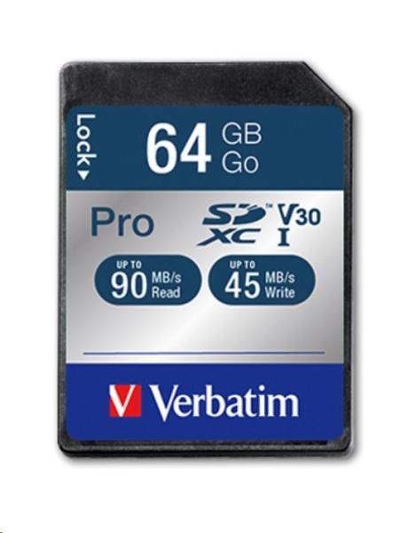 Karta VERBATIM SDXC 64GB Pro,  U3,  V30 (R:90/ W:45 MB/ s)