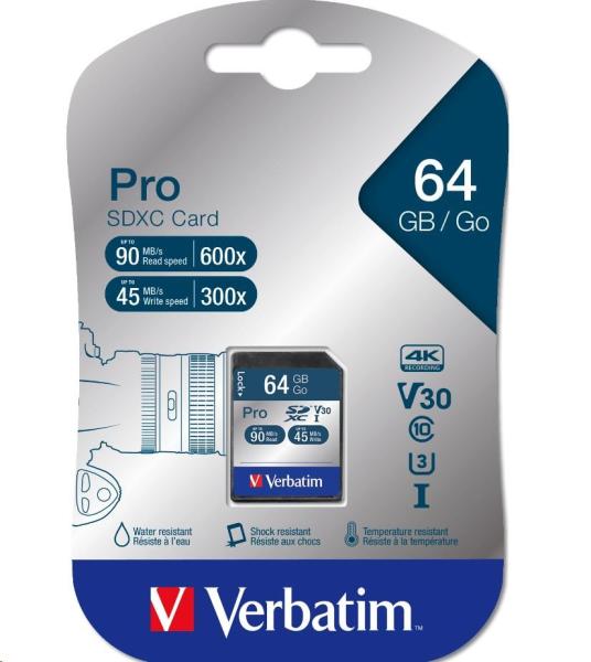 Karta VERBATIM SDXC 64GB Pro,  U3,  V30 (R:90/ W:45 MB/ s)1
