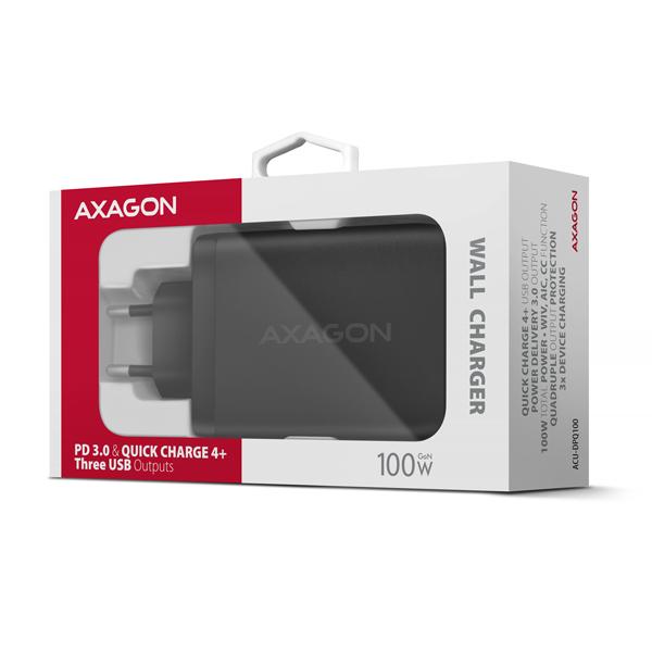 AXAGON ACU-DPQ100,  GaN nabíjačka do siete 100W,  3x port (USB-A + dual USB-C),  PD3.0/ PPS/ QC4+/ Apple,  čierná9