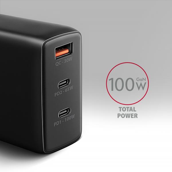 AXAGON ACU-DPQ100,  GaN nabíjačka do siete 100W,  3x port (USB-A + dual USB-C),  PD3.0/ PPS/ QC4+/ Apple,  čierná4