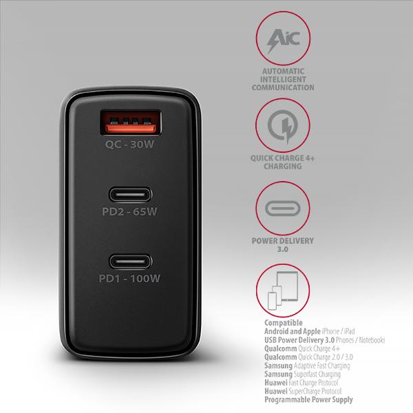 AXAGON ACU-DPQ100,  GaN nabíjačka do siete 100W,  3x port (USB-A + dual USB-C),  PD3.0/ PPS/ QC4+/ Apple,  čierná6