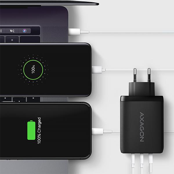 AXAGON ACU-DPQ100,  GaN nabíjačka do siete 100W,  3x port (USB-A + dual USB-C),  PD3.0/ PPS/ QC4+/ Apple,  čierná7