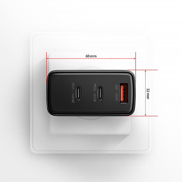 AXAGON ACU-DPQ100,  GaN nabíjačka do siete 100W,  3x port (USB-A + dual USB-C),  PD3.0/ PPS/ QC4+/ Apple,  čierná2