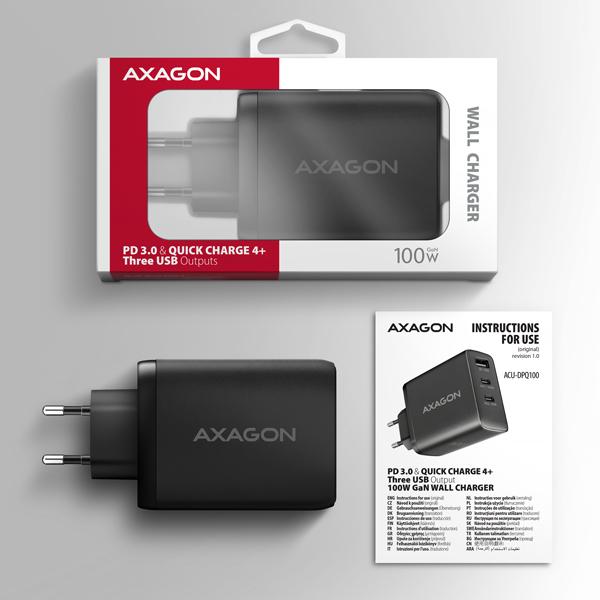 AXAGON ACU-DPQ100,  GaN nabíjačka do siete 100W,  3x port (USB-A + dual USB-C),  PD3.0/ PPS/ QC4+/ Apple,  čierná8