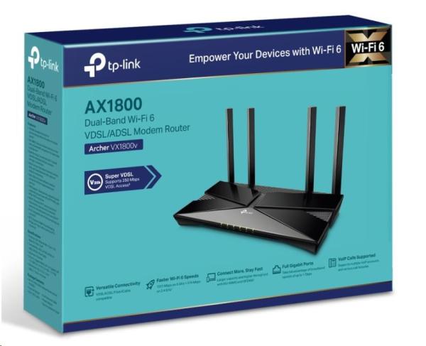 TP-Link Archer VX1800v EasyMesh WiFi6 VDSL/ ADSL router (AX1800, 2, 4GHz/ 5GHz, 3xGbELAN, 1xGbELAN/ WAN, 2xRJ11, 4G LTE, 1xUSB2.0)3