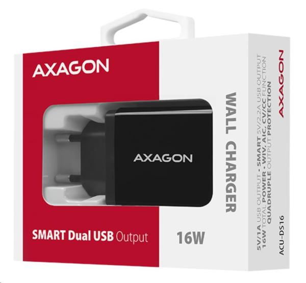 BAZAR - AXAGON ACU-DS16,  SMART nabíječka do sítě 16W,  2x USB-A port,  5V/ 2.2A + 5V/ 1A - Po opravě (Bez příšlušenství)8