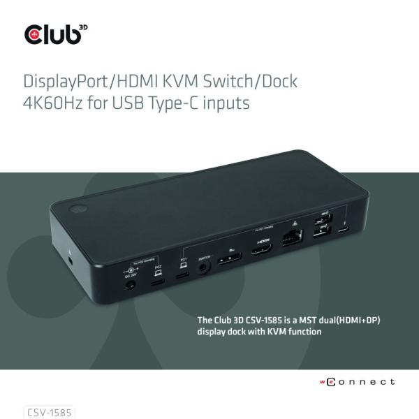 Club3D Dokovací stanice DisplayPort /  HDMI KVM Switch,  USB-C,  PD1