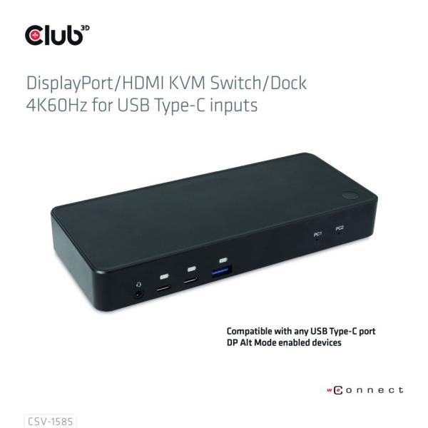 Club3D Dokovací stanice DisplayPort /  HDMI KVM Switch,  USB-C,  PD2