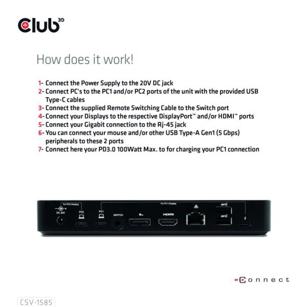 Club3D Dokovací stanice DisplayPort /  HDMI KVM Switch,  USB-C,  PD4