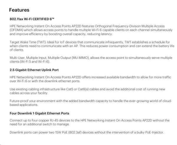 HPE Aruba Instant On Access Point AP22D Bundle with PSU Dual Radio 2x2 Wi-Fi 6 (EU) AP22D  (desktop or wallmount)9