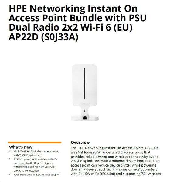HPE Aruba Instant On Access Point AP22D Bundle with PSU Dual Radio 2x2 Wi-Fi 6 (EU) AP22D  (desktop or wallmount)7