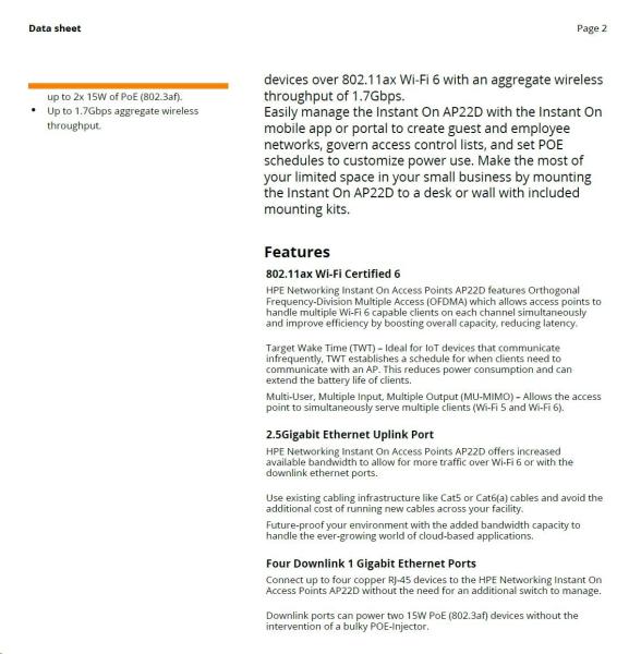 HPE Aruba Instant On Access Point AP22D Bundle with PSU Dual Radio 2x2 Wi-Fi 6 (EU) AP22D  (desktop or wallmount)5