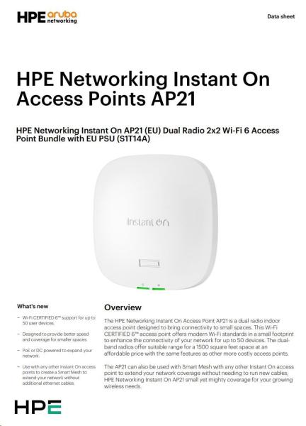 HPE Networking Instant On AP21 (EU) Dual Radio 2x2 Wi-Fi 6 Access Point Bundle with EU PSU S1T14A4