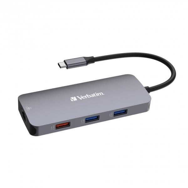 VERBATIM Hub USB-C Pro Multiport 9 Port,  3x USB 3.2,  2x USB-C,  HDMI,  RJ45,  microSD/ SD,  šedá