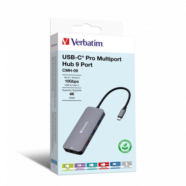 VERBATIM Hub USB-C Pro Multiport 9 Port, 3x USB 3.2, 2x USB-C, HDMI, RJ45, microSD/SD, šedá3