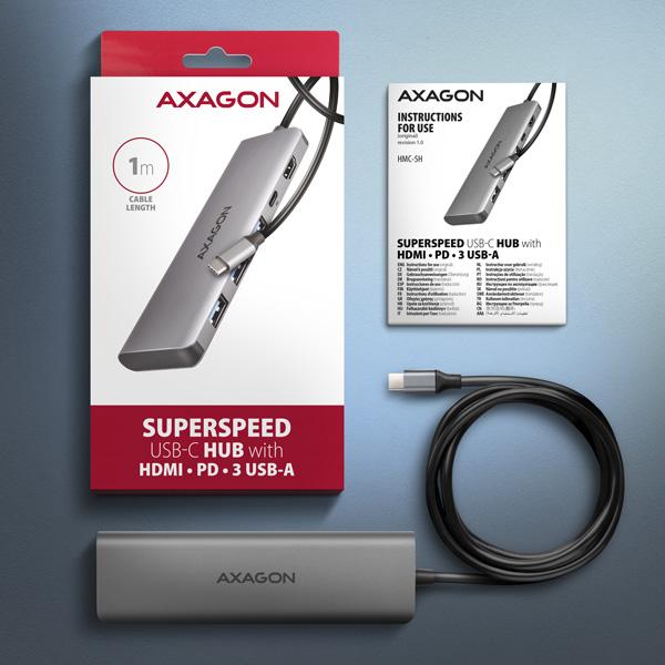 AXAGON HMC-5H,  USB 5Gbps hub,  3x USB-A,  HDMI 4k/ 30Hz,  PD 100W,  kábel USB-C 100cm5