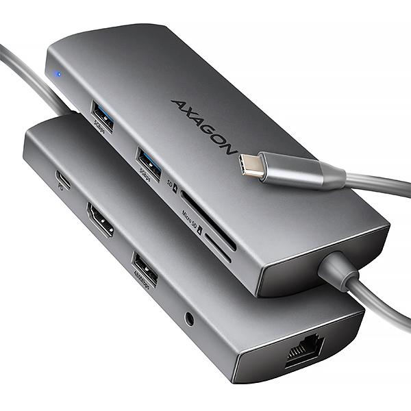 AXAGON HMC-8HLSA,  USB 5Gbps hub,  3x USB-A,  HDMI 4k/ 60Hz,  RJ-45 GLAN,  SD/ microSD,  audio,  PD 100W,  kábel USB-C 20cm