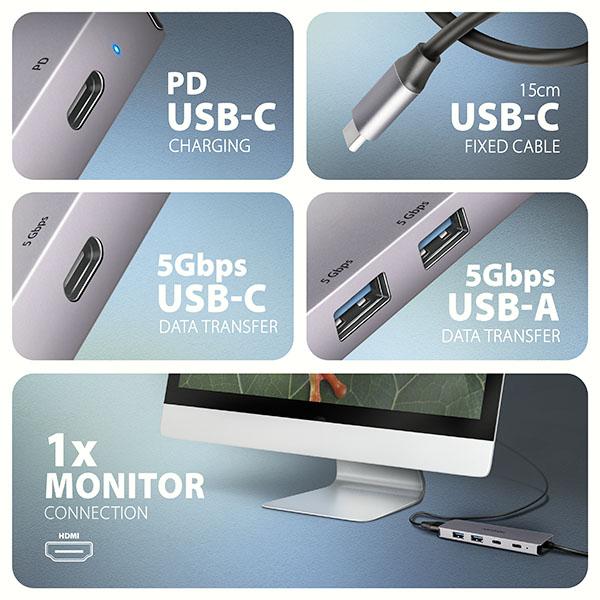 AXAGON HMC-5H60,  USB 5Gbps hub,  porty 2x USB-A,  1x USB-C,  HDMI 4k/ 60,  PD 100W,  kábel USB-C 15cm5