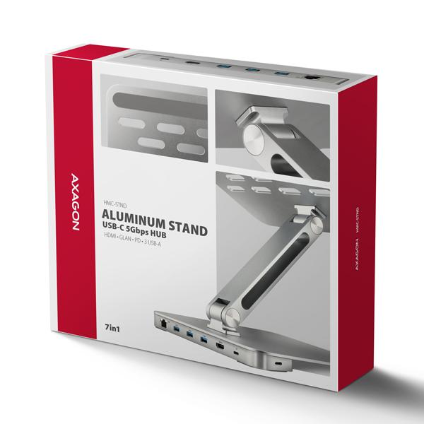 AXAGON HMC-STND,  stojan pre 10"-17" notebooky,  USB 5Gbps hub,  3x USB-A,  HDMI 4k/ 60Hz,  RJ-45,  PD 100W,  kábel USB-C 60cm10