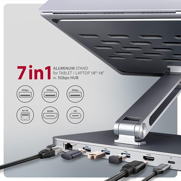 AXAGON HMC-STND,  stojan pre 10"-17" notebooky,  USB 5Gbps hub,  3x USB-A,  HDMI 4k/ 60Hz,  RJ-45,  PD 100W,  kábel USB-C 60cm1