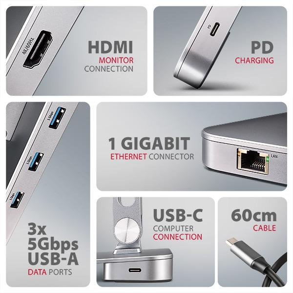 AXAGON HMC-STND,  stojan pre 10"-17" notebooky,  USB 5Gbps hub,  3x USB-A,  HDMI 4k/ 60Hz,  RJ-45,  PD 100W,  kábel USB-C 60cm2