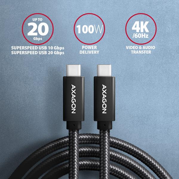 AXAGON BUCM32-CM15AB,  SPEED+ kábel USB-C <-> USB-C,  1.5 m,  USB 20Gbps,  PD 100W 5A,  4K HD,  ALU,  opletenie,  čierny1