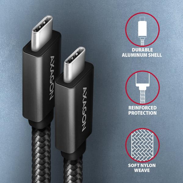 AXAGON BUCM32-CM15AB,  SPEED+ kábel USB-C <-> USB-C,  1.5 m,  USB 20Gbps,  PD 100W 5A,  4K HD,  ALU,  opletenie,  čierny2