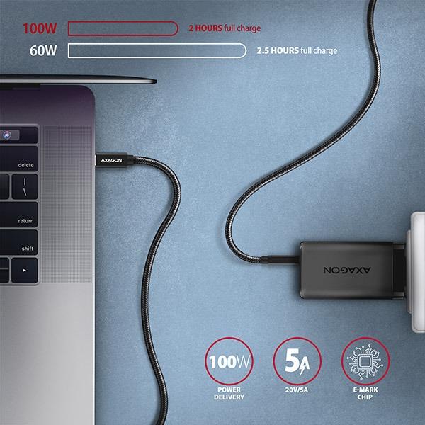 AXAGON BUCM32-CM15AB,  SPEED+ kábel USB-C <-> USB-C,  1.5 m,  USB 20Gbps,  PD 100W 5A,  4K HD,  ALU,  opletenie,  čierny3