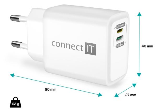CONNECT IT Duplex nabíjecí adaptér 1xLightning,  1×USB-C,  20W,  1xLightning - USB-C kabel,  bílá5