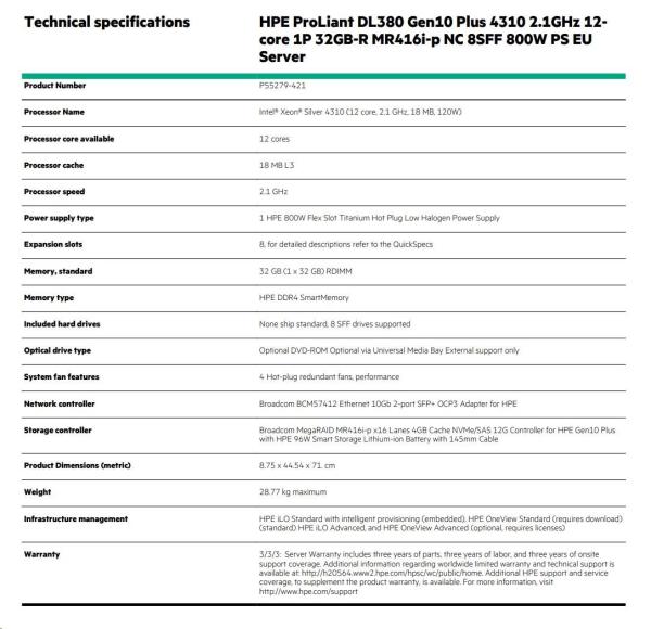 HPE PL DL380g10 Plus 4310 (2.1/ 12C) 32G MR416i-p/ 4Gssb 8SFFBCU3 1x800Wtit L9 o2x10GSFP+ P55279-421 RENEW1