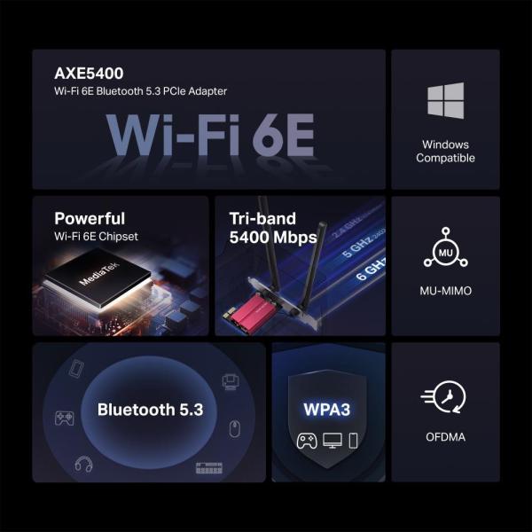 MERCUSYS MA86XE WiFi6E PCIe adapter (AXE5400, 2, 4GHz/ 5GHz/ 6GHz, Bluetooth5.3)1